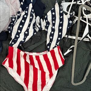 Hollister Navy and Red Striped One Piece Swimsuit